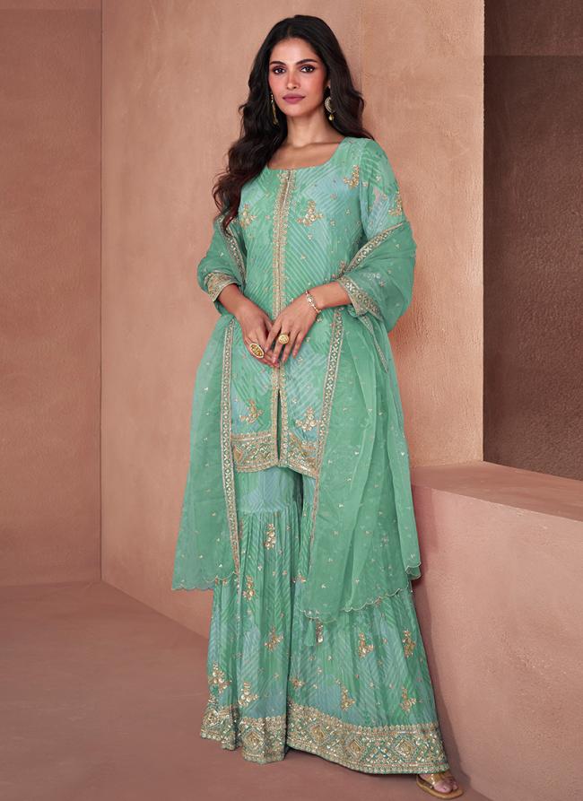 Faux Georgette  Sea Green Party Wear Digital Print Readymade Plazzo Suit